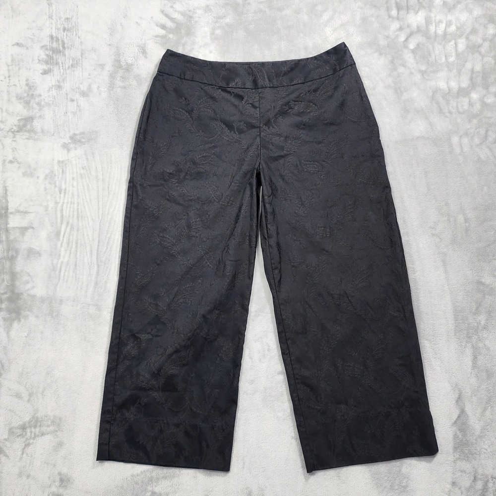 Vintage Merona Pants Women 16 Black Floral Satin Cropped Wide Leg Stretch Formal